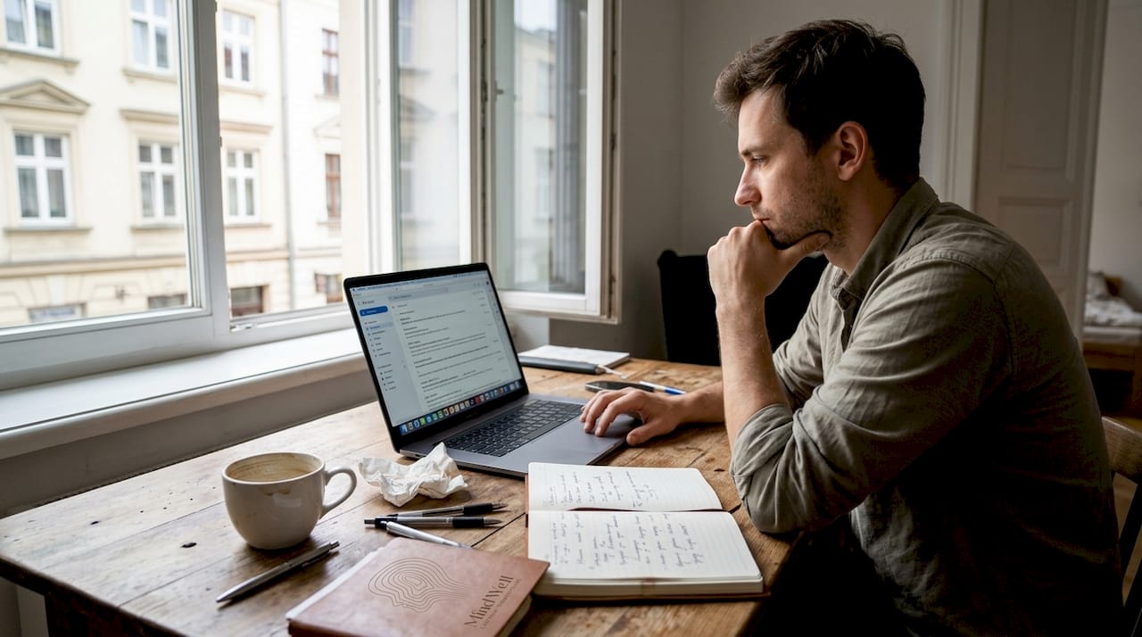 Mężczyzna siedzi przy biurku i zastanawia się, co wywołuje u niego stres.
