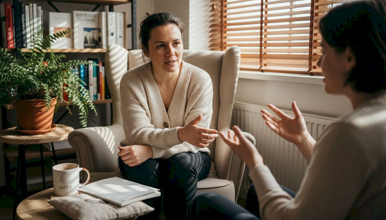 Terapeuta i jego klient prowadzą spokojną rozmowę w przytulnym gabinecie.
