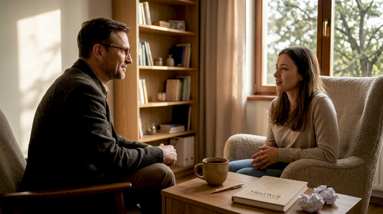 Rozmowa psychologa z pacjentką w jego gabinecie