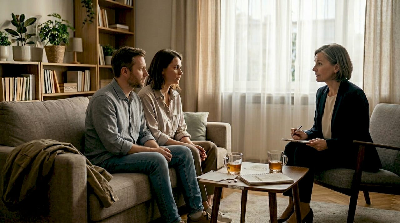 Małżeństwo podczas sesji terapeutycznej w gabinecie psychologa