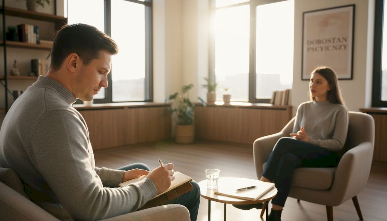 W zaciszu swojego gabinetu psychoterapeuta prowadzi rozmowę z osobą szukającą wsparcia.