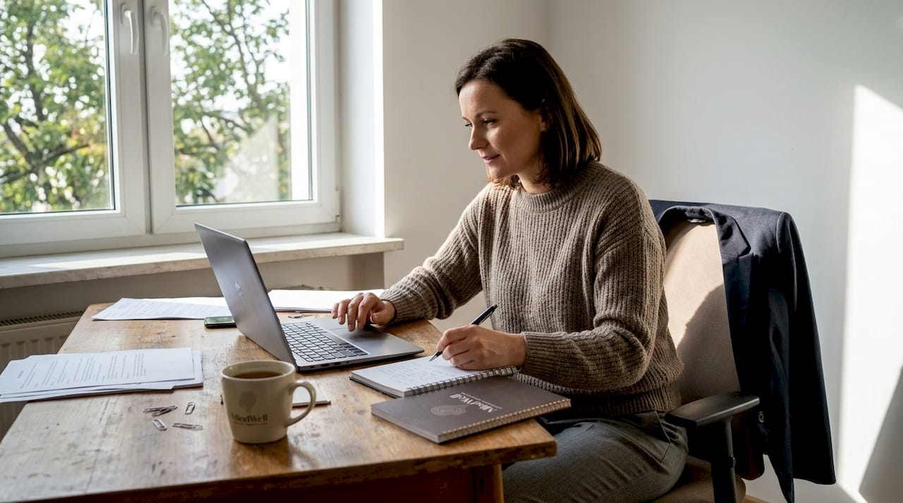 Podczas sesji online terapeutka CBT sporządza krótkie notatki, aby lepiej śledzić postępy rozmowy.