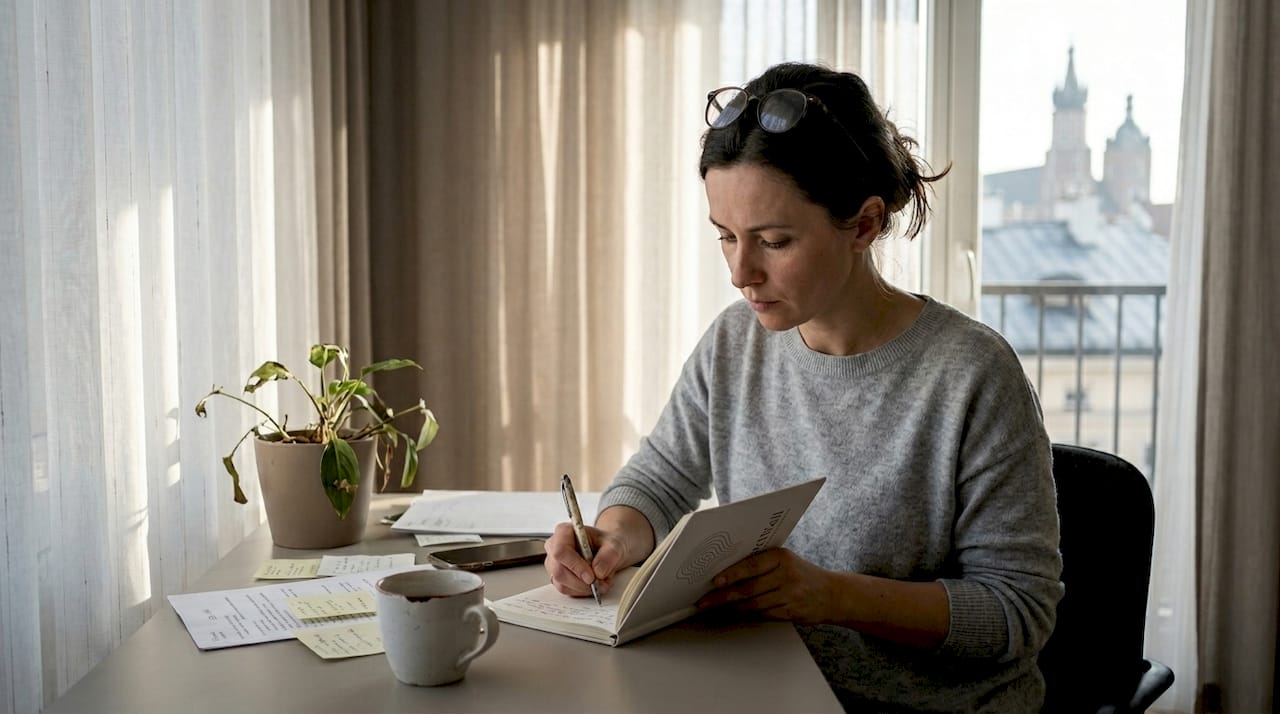 Kraków. Kobieta pracująca zdalnie w swoim domowym biurze zapisuje w notesie myśli, by poradzić sobie ze stresem.