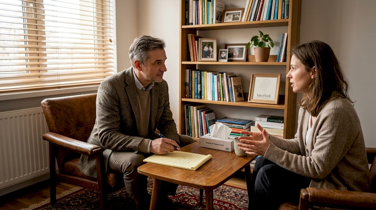 Terapeuta uważnie słucha swojego klienta w przytulnym gabinecie.