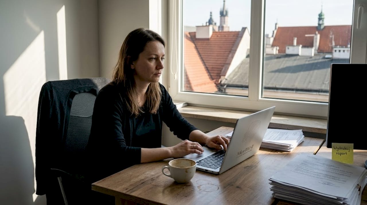 Zmęczona pracownica krakowskiego biura opiera głowę na dłoniach, próbując zebrać siły do dalszej pracy przy biurku.