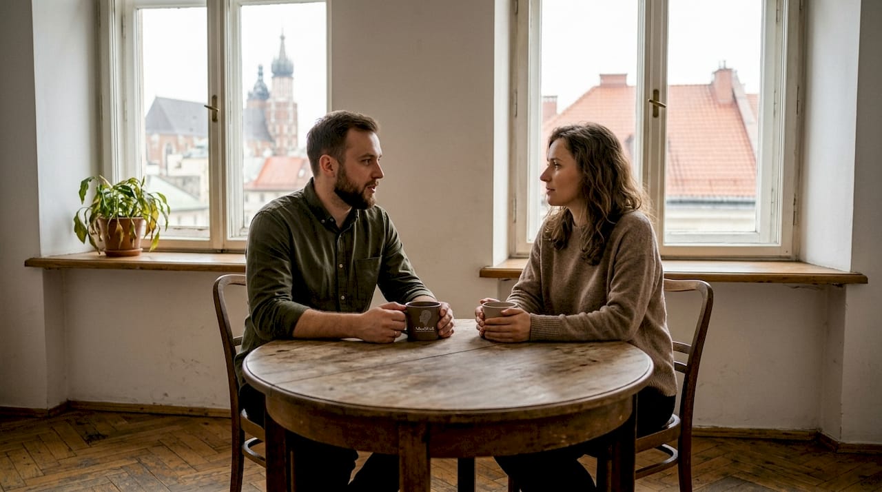 Małżeństwo prowadzi spokojną rozmowę przy stole w eleganckim salonie w Krakowie.