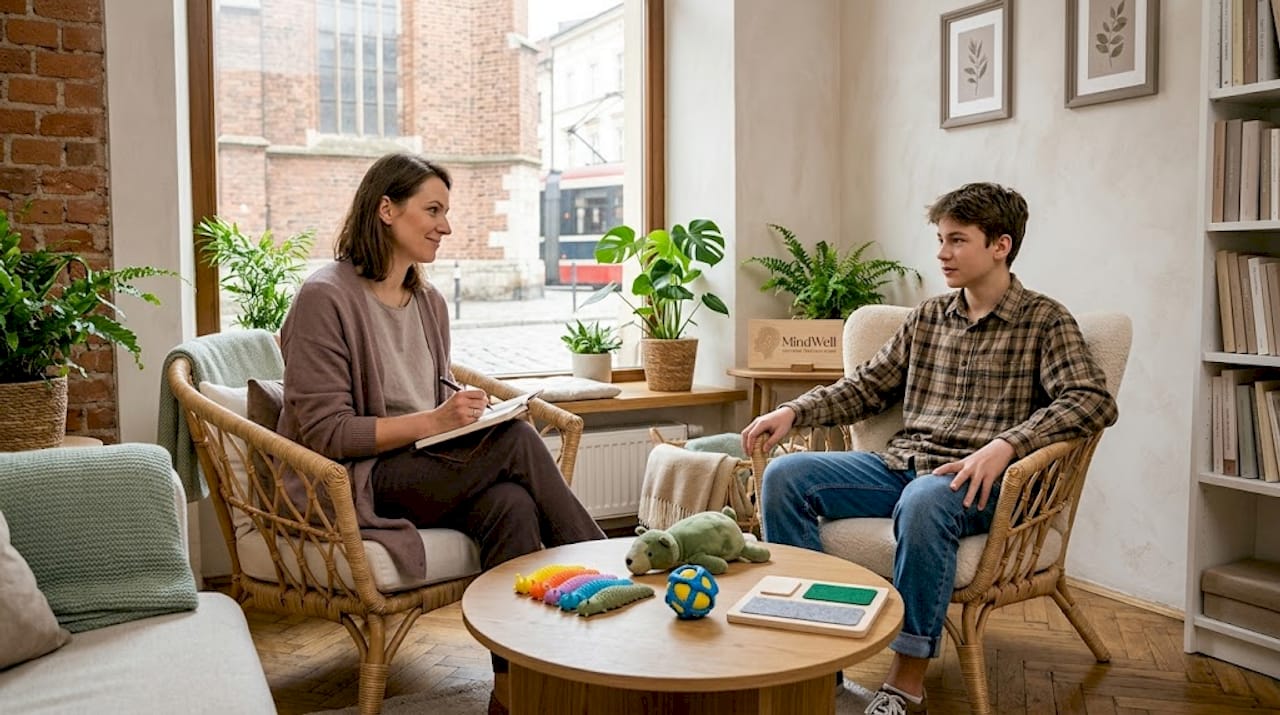 Psycholog rozmawia z nastolatkiem podczas sesji terapeutycznej w Krakowie.