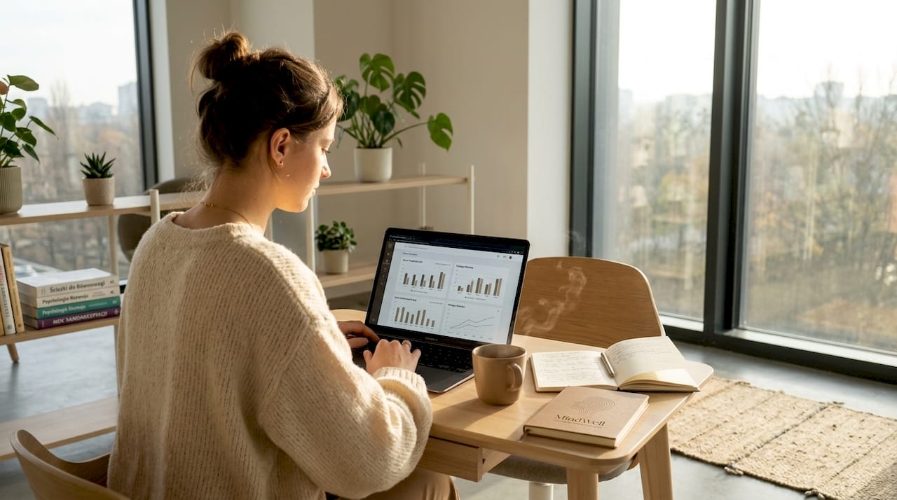 Młoda kobieta pracuje przy laptopie w swoim domowym biurze.